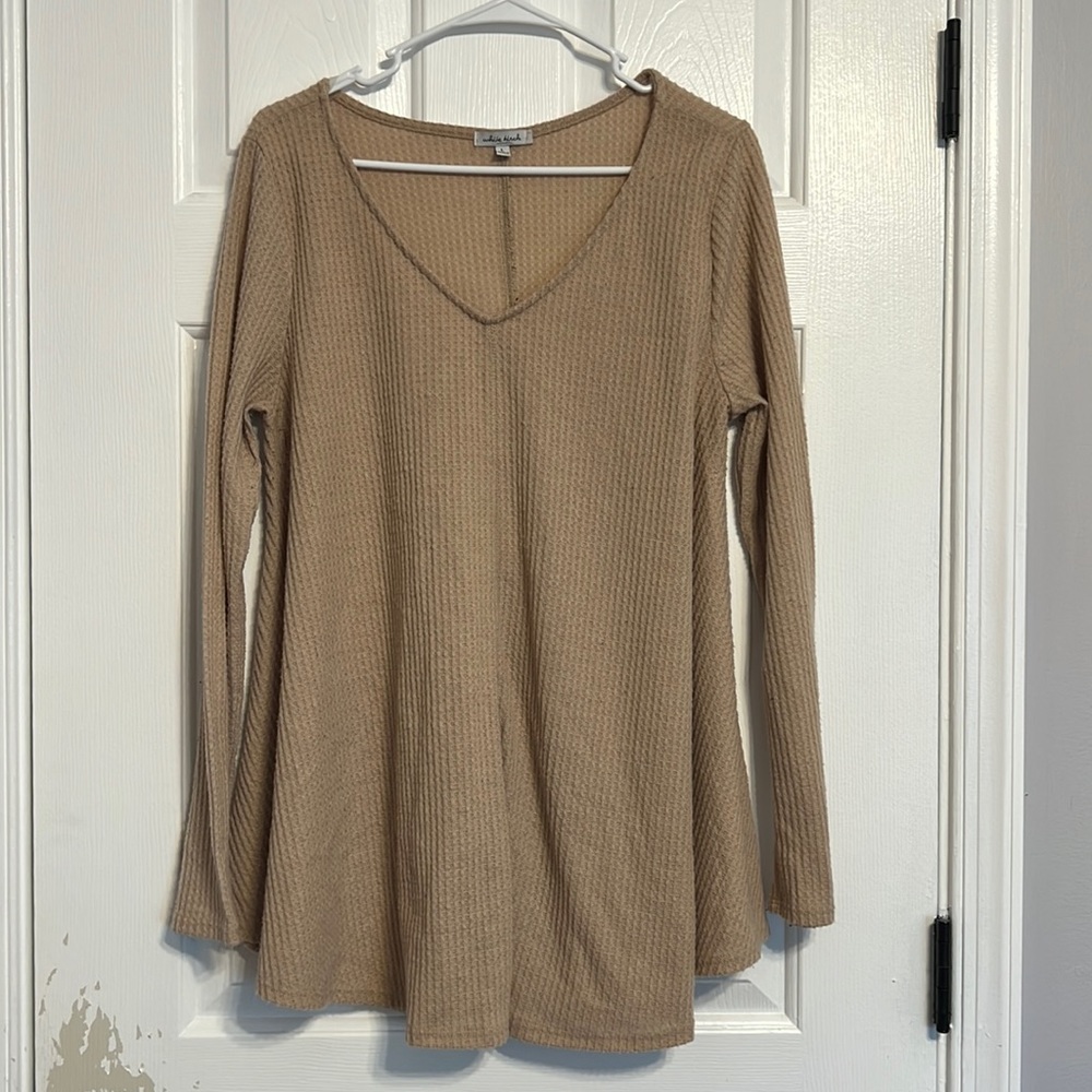 Boutique Long Sleeve khaki Color Waffle Blouse